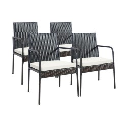 XVX Four Wicker Patio Dining Chairs, Steel Frames with Tied Cushions, Armrests and Foot Pads