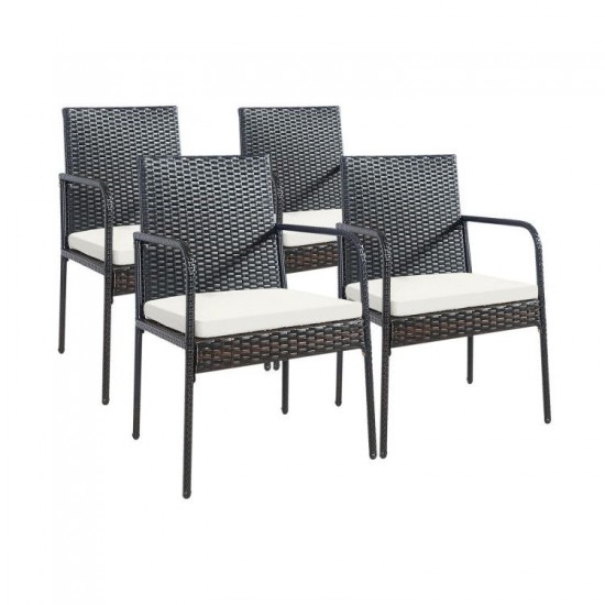 Honhorrs Four Wicker Patio Dining Chairs, Steel Frames with Tied Cushions, Armrests and Foot Pads