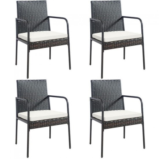 Honhorrs Four Wicker Patio Dining Chairs, Steel Frames with Tied Cushions, Armrests and Foot Pads