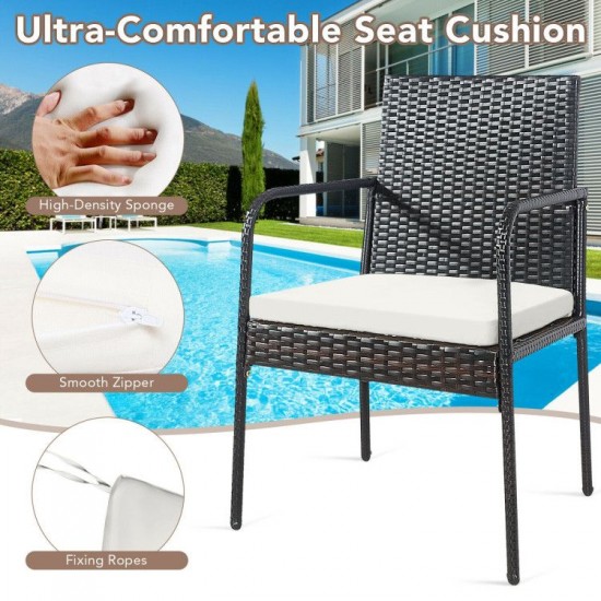 Honhorrs Four Wicker Patio Dining Chairs, Steel Frames with Tied Cushions, Armrests and Foot Pads