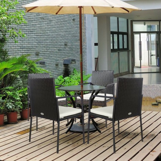 Honhorrs Four Wicker Patio Dining Chairs, Steel Frames with Tied Cushions, Armrests and Foot Pads