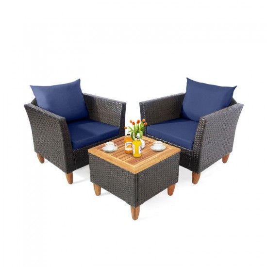 Owlyin Three-Piece Rattan Patio Bistro Set, Cushioned Chairs and Acacia Table with Adjustable Feet