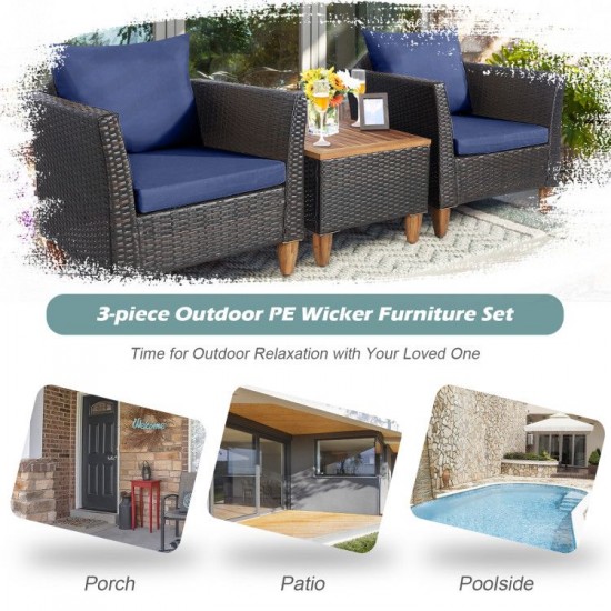 Owlyin Three-Piece Rattan Patio Bistro Set, Cushioned Chairs and Acacia Table with Adjustable Feet