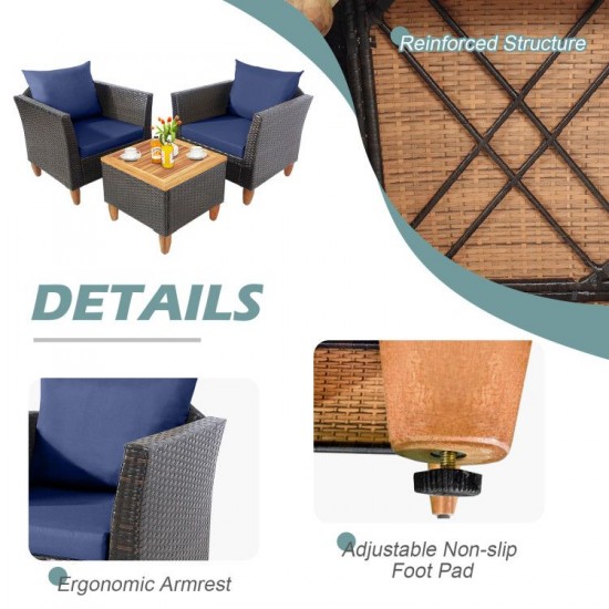 Owlyin Three-Piece Rattan Patio Bistro Set, Cushioned Chairs and Acacia Table with Adjustable Feet