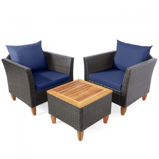 Owlyin Three-Piece Rattan Patio Bistro Set, Cushioned Chairs and Acacia Table with Adjustable Feet