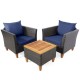 Owlyin Three-Piece Rattan Patio Bistro Set, Cushioned Chairs and Acacia Table with Adjustable Feet