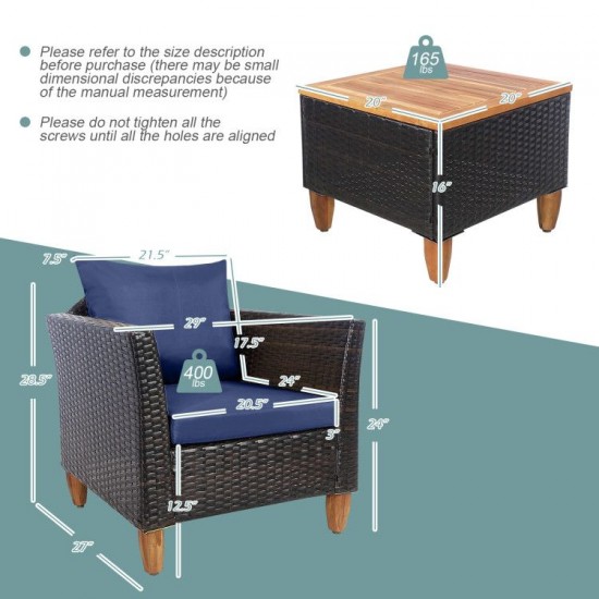 Owlyin Three-Piece Rattan Patio Bistro Set, Cushioned Chairs and Acacia Table with Adjustable Feet
