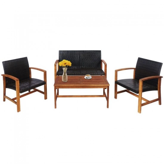 Honhorrs Four-Piece Acacia and PE-Rattan Patio Set, Loveseat, Two Chairs and Matching Coffee Table