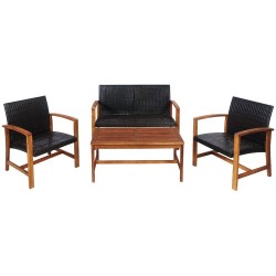 XVX Four-Piece Acacia and PE-Rattan Patio Set, Loveseat, Two Chairs and Matching Coffee Table
