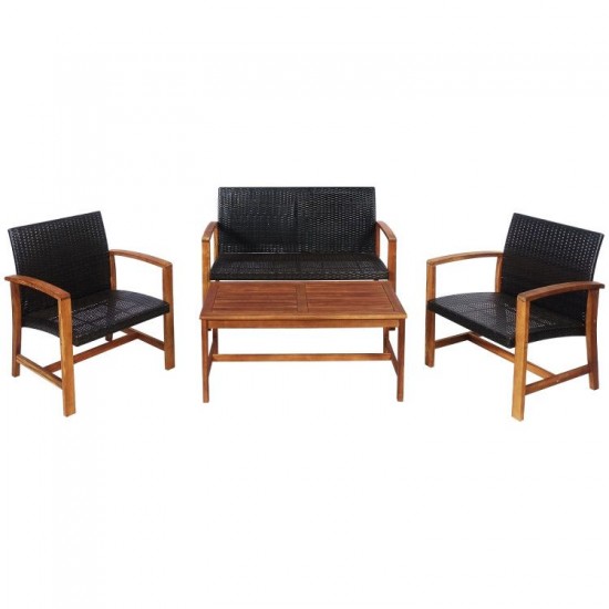 Honhorrs Four-Piece Acacia and PE-Rattan Patio Set, Loveseat, Two Chairs and Matching Coffee Table