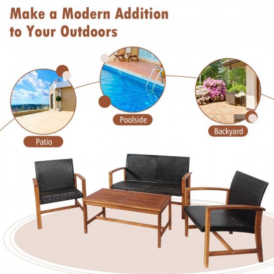 Honhorrs Four-Piece Acacia and PE-Rattan Patio Set, Loveseat, Two Chairs and Matching Coffee Table