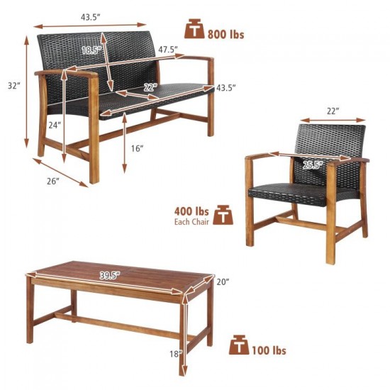 Honhorrs Four-Piece Acacia and PE-Rattan Patio Set, Loveseat, Two Chairs and Matching Coffee Table