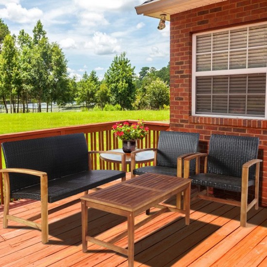 Honhorrs Four-Piece Acacia and PE-Rattan Patio Set, Loveseat, Two Chairs and Matching Coffee Table
