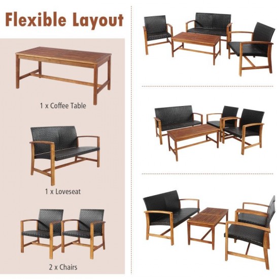 Honhorrs Four-Piece Acacia and PE-Rattan Patio Set, Loveseat, Two Chairs and Matching Coffee Table