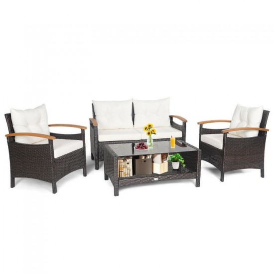 Honhorrs Four-Piece Wicker Conversation Set, Loveseat and Chairs with Cushions and Coffee Table