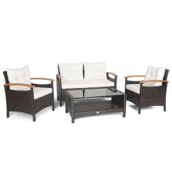 XVX Four-Piece Wicker Conversation Set, Loveseat and Chairs with Cushions and Coffee Table