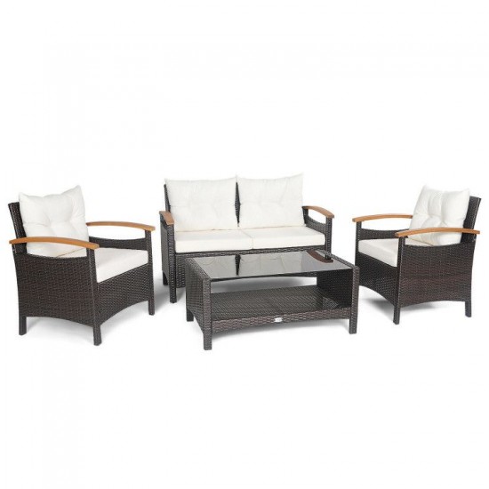 Honhorrs Four-Piece Wicker Conversation Set, Loveseat and Chairs with Cushions and Coffee Table