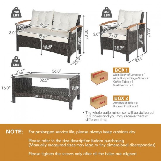 Honhorrs Four-Piece Wicker Conversation Set, Loveseat and Chairs with Cushions and Coffee Table