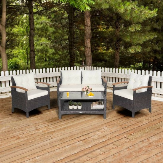Honhorrs Four-Piece Wicker Conversation Set, Loveseat and Chairs with Cushions and Coffee Table