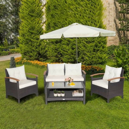 Honhorrs Four-Piece Wicker Conversation Set, Loveseat and Chairs with Cushions and Coffee Table