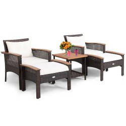 XVX Five-Piece Wicker Patio Lounge Group, Cushions and Ottomans with Acacia Wood Serving Table