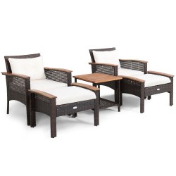 XVX Five-Piece Wicker Patio Lounge Group, Cushions and Ottomans with Acacia Wood Serving Table