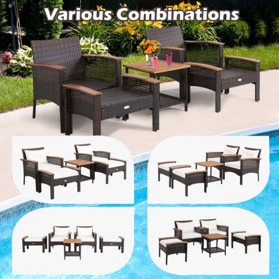 Owlyin Five-Piece Wicker Patio Lounge Group, Cushions and Ottomans with Acacia Wood Serving Table