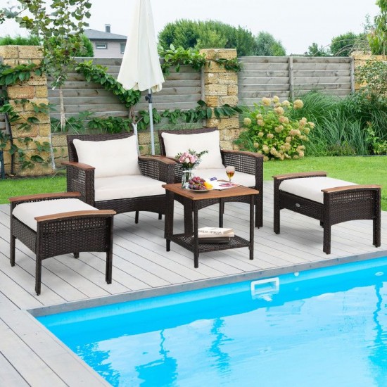 Owlyin Five-Piece Wicker Patio Lounge Group, Cushions and Ottomans with Acacia Wood Serving Table