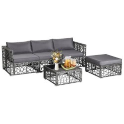 XVX Five-Piece PE Rattan Patio Lounge Set, Cushioned Ottoman and Tempered Glass Coffee Table