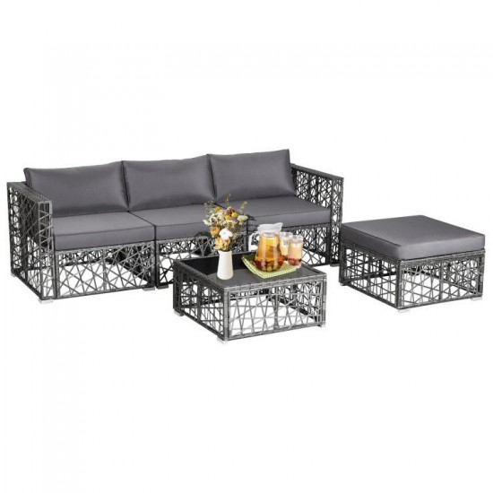 Honhorrs Five-Piece PE Rattan Patio Lounge Set, Cushioned Ottoman and Tempered Glass Coffee Table