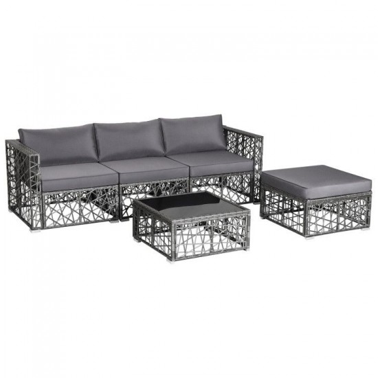 Honhorrs Five-Piece PE Rattan Patio Lounge Set, Cushioned Ottoman and Tempered Glass Coffee Table