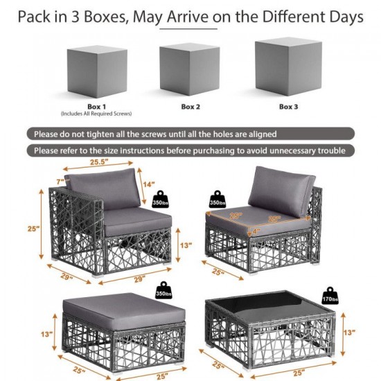 Honhorrs Five-Piece PE Rattan Patio Lounge Set, Cushioned Ottoman and Tempered Glass Coffee Table