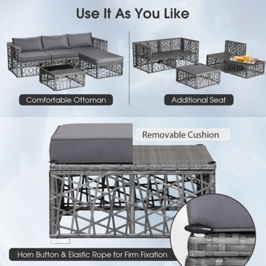 Honhorrs Five-Piece PE Rattan Patio Lounge Set, Cushioned Ottoman and Tempered Glass Coffee Table