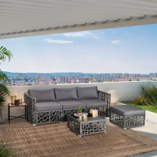 Honhorrs Five-Piece PE Rattan Patio Lounge Set, Cushioned Ottoman and Tempered Glass Coffee Table