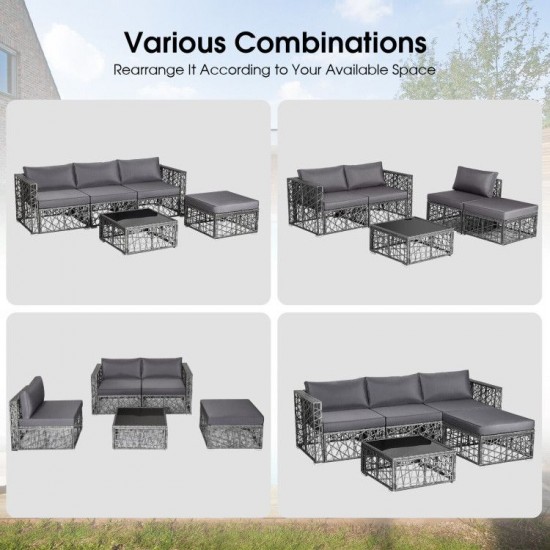 Honhorrs Five-Piece PE Rattan Patio Lounge Set, Cushioned Ottoman and Tempered Glass Coffee Table