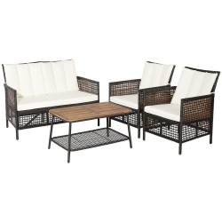 XVX Four-Piece Wicker Patio Seating with Cushions and a Two-Level Acacia-Top Coffee Table