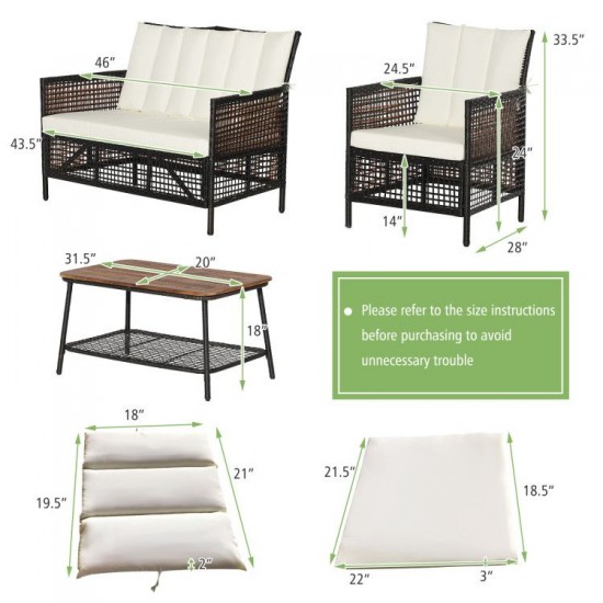 Honhorrs Four-Piece Wicker Patio Seating with Cushions and a Two-Level Acacia-Top Coffee Table