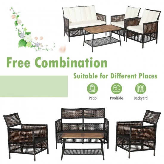 Honhorrs Four-Piece Wicker Patio Seating with Cushions and a Two-Level Acacia-Top Coffee Table