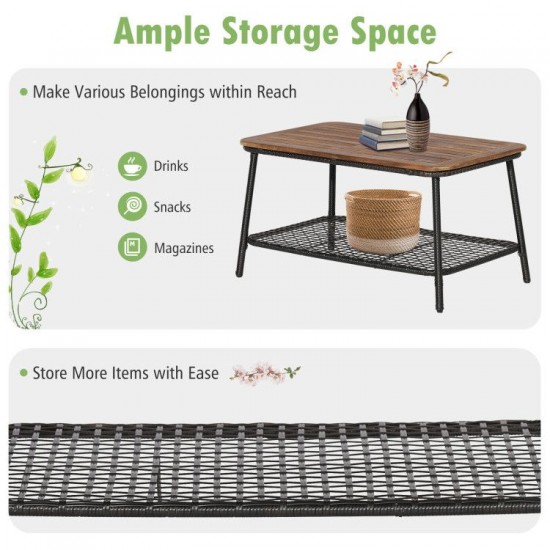 Honhorrs Four-Piece Wicker Patio Seating with Cushions and a Two-Level Acacia-Top Coffee Table