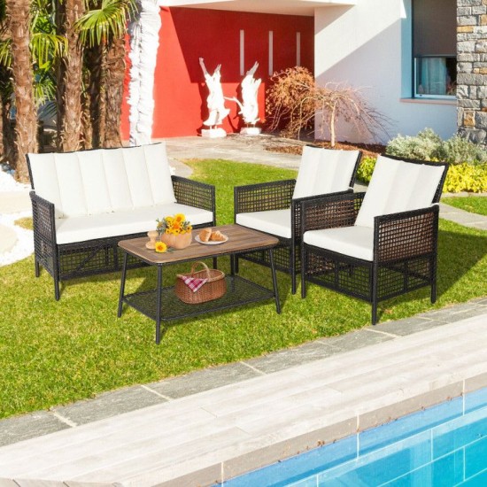 Honhorrs Four-Piece Wicker Patio Seating with Cushions and a Two-Level Acacia-Top Coffee Table