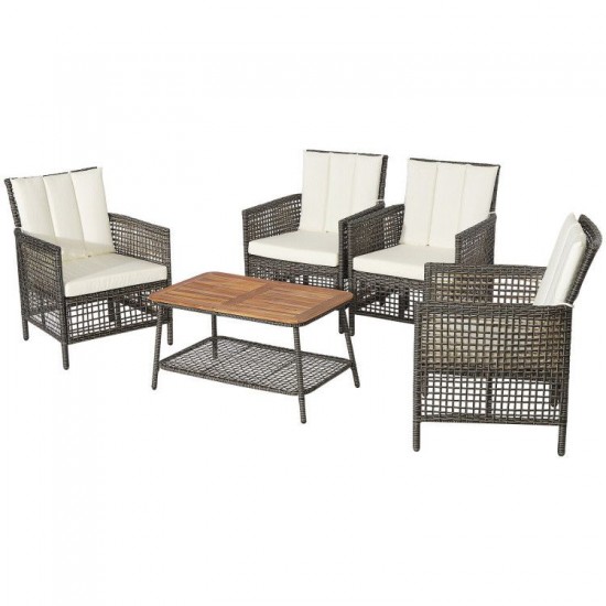 Honhorrs Five-Piece Wicker Patio Seating, Cushioned Armrests and Acacia-Top Table with Lower Shelf
