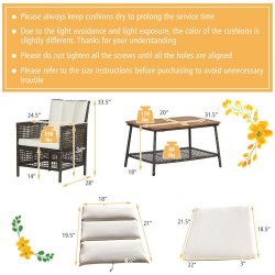XVX Five-Piece Wicker Patio Seating, Cushioned Armrests and Acacia-Top Table with Lower Shelf
