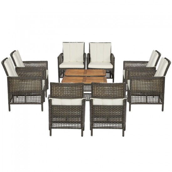 Honhorrs Five-Piece Wicker Patio Seating, Cushioned Armrests and Acacia-Top Table with Lower Shelf
