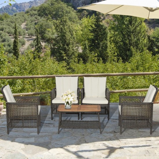 Honhorrs Five-Piece Wicker Patio Seating, Cushioned Armrests and Acacia-Top Table with Lower Shelf