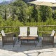 Honhorrs Five-Piece Wicker Patio Seating, Cushioned Armrests and Acacia-Top Table with Lower Shelf