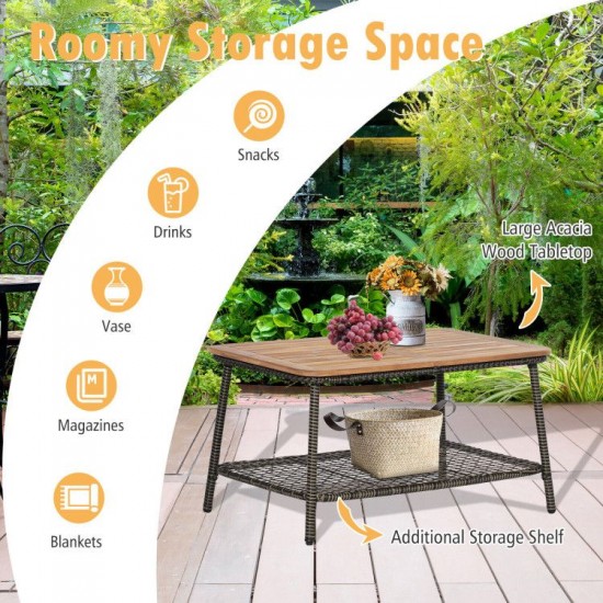 Honhorrs Five-Piece Wicker Patio Seating, Cushioned Armrests and Acacia-Top Table with Lower Shelf