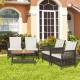 Honhorrs Five-Piece Wicker Patio Seating, Cushioned Armrests and Acacia-Top Table with Lower Shelf