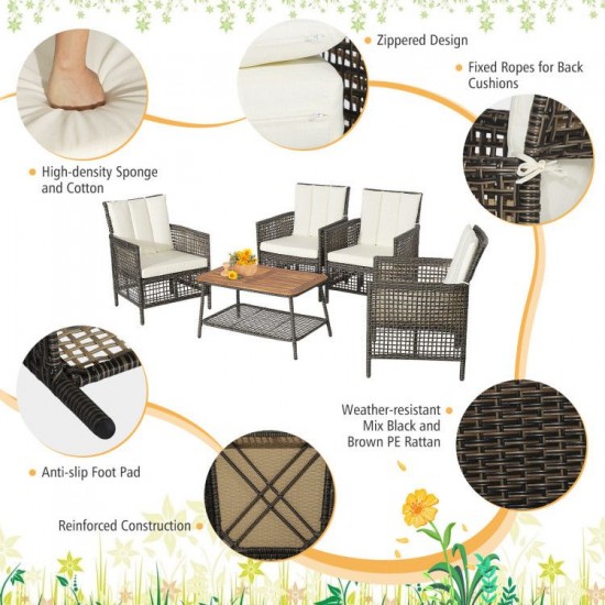 Honhorrs Five-Piece Wicker Patio Seating, Cushioned Armrests and Acacia-Top Table with Lower Shelf