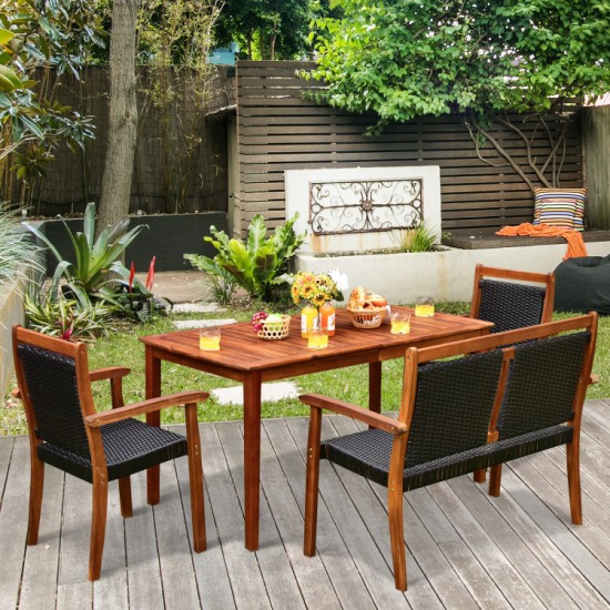 Honhorrs Acacia and Rattan Patio Dining Set: Table, Loveseat and Two Chairs with Tuck-Away Storage