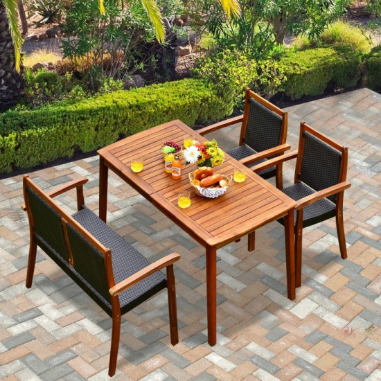 Honhorrs Acacia and Rattan Patio Dining Set: Table, Loveseat and Two Chairs with Tuck-Away Storage